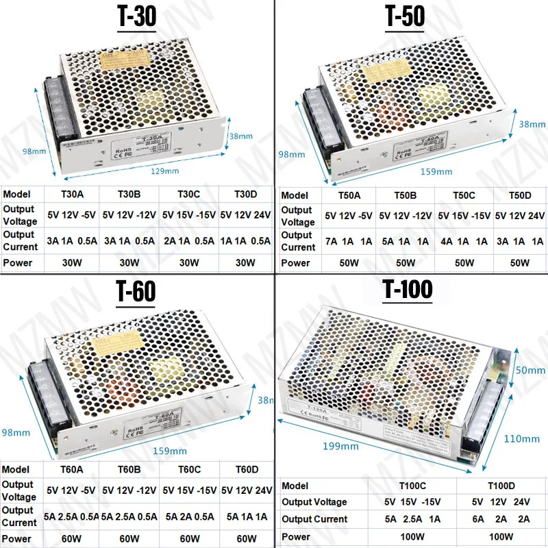 MZMW 30W 50W 60W 100W 350W 500W Triple Output Switching Power Supply AC/DC 5V 15V -15V 12V 24V Driver Transformer Three-way SMPS