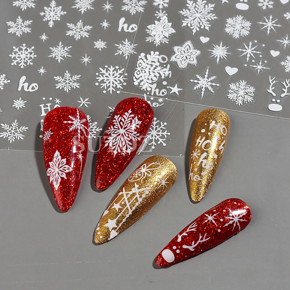 Pegatinas holográficas de copos de nieve para uñas, envolturas de manicura con purpurina plateada, estrellas de nieve, ciervo, campanas, deslizadores, decoraciones de Navidad e invierno, LEBF894