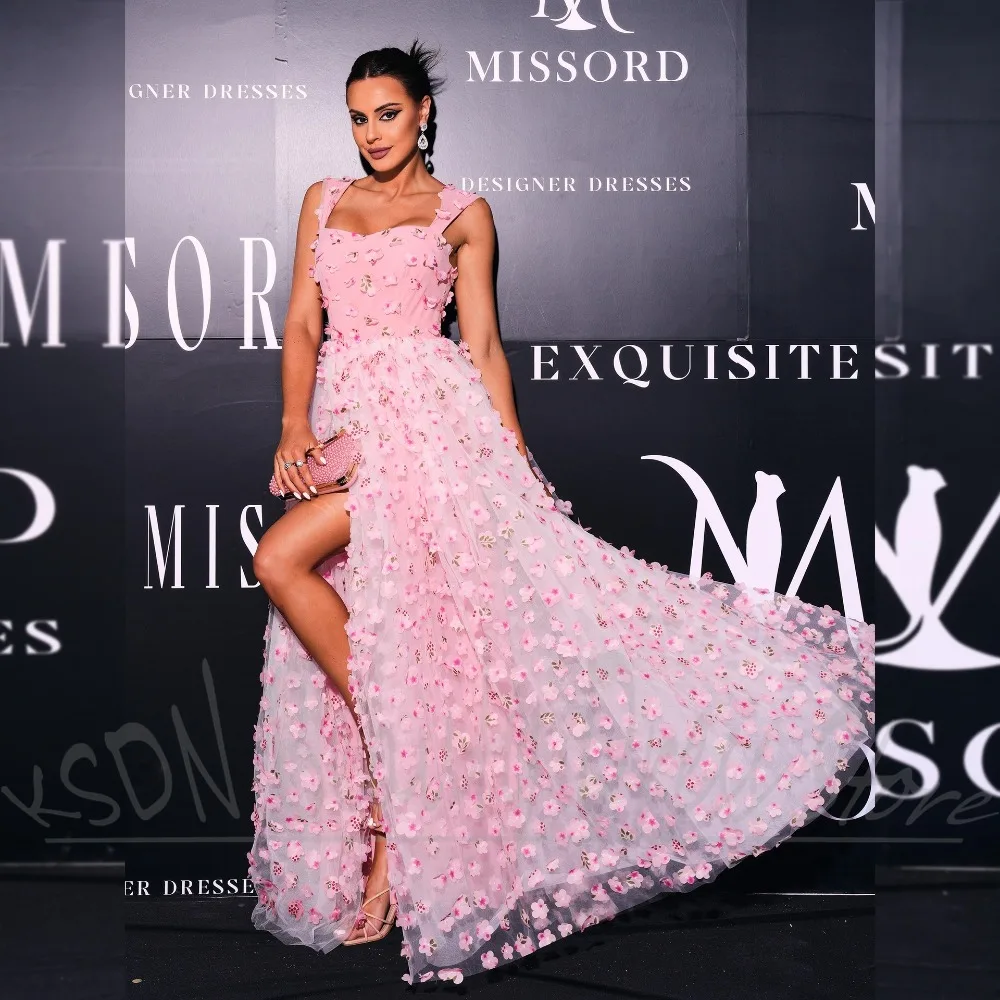 

Elegant Floral Women Dresses Chic Square Collar 3D Flowers A-Line Party Gowns Sleeveless Floor Length Side Slit Evening Dresses