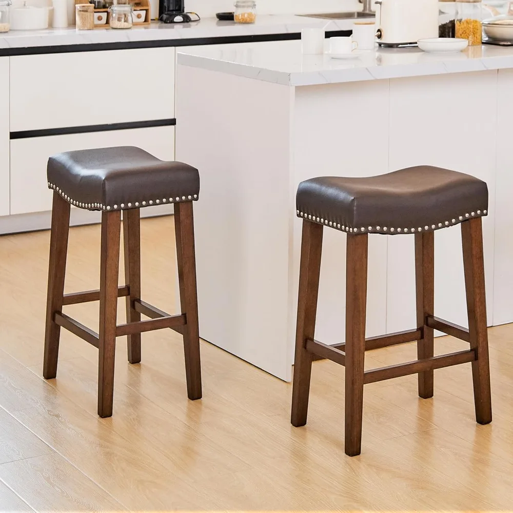 

Counter Height Bar Stools Set of 2 - Backless Saddle Barstools with 4.3" Thick Upholstered, Nailhead Trim Faux Leather & Solid
