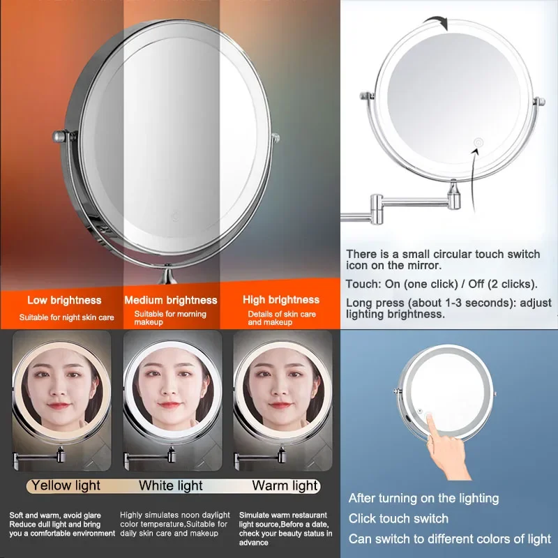 Golden Wall Folding Makeup Mirror Double Side Fill Light Magnifying USB Charging Led Tricolor Dimming Bathroom Cosmetic Mirrors