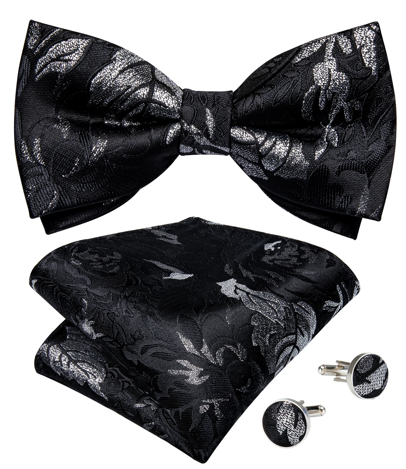 Klassisches schwarzes Herren-Fliege-Set mit Einstecktuch und Manschettenknöpfen – Paisley Gold Vorgebundene Fliege – Detail 23