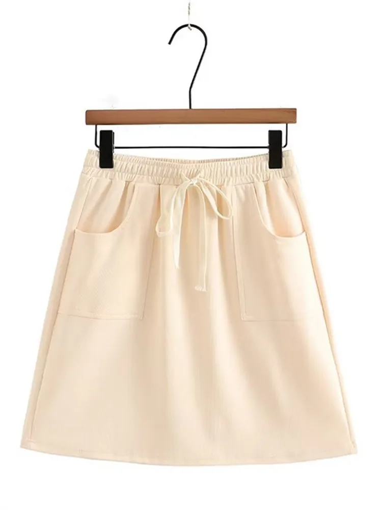 Plus Size Women\'s Clothing Half-Skirt Elasticated Waist With Drawstring Solid Non-Stretch Mini Skirt With Pocket Summer Skirt