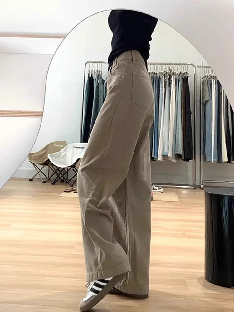 Damskie szerokie jeansy khaki z wysokim stanem, luźne, proste spodnie do ziemi, jesienne, nowe, plus size, wyszczuplające, uniwersalne, codzienne.