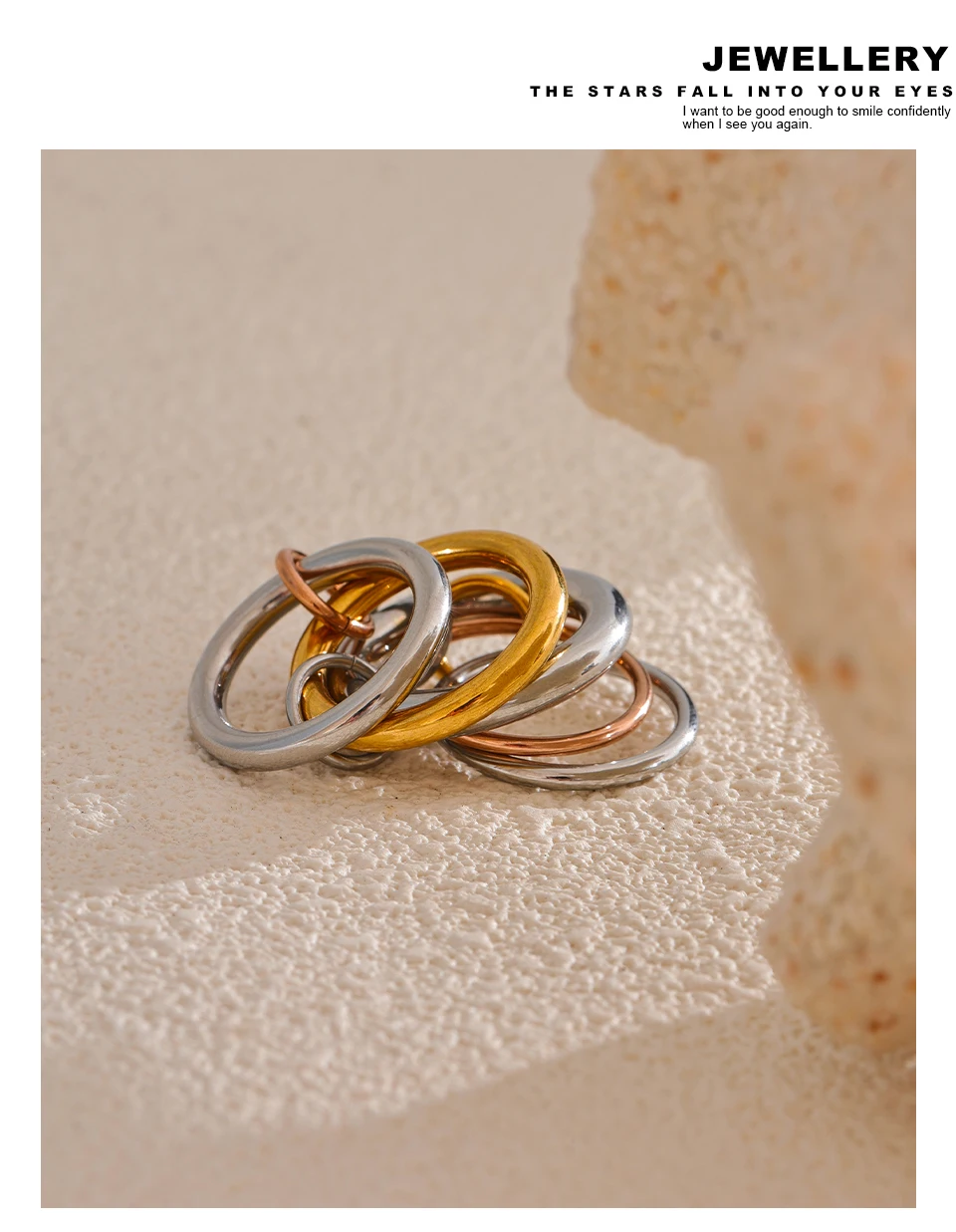 Yhpup Edelstahl, 3 Farben, 5 Glieder, gestapelte Ringe, PVD-Schmuck, echt vergoldet, für Damen – Detail 12