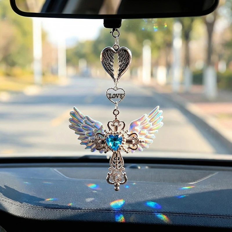Angel Wing Cross Car Hanging Ornament Guardian Blessing Auto Accessory for Rearview Mirror Pendant Women Car Interior Decor