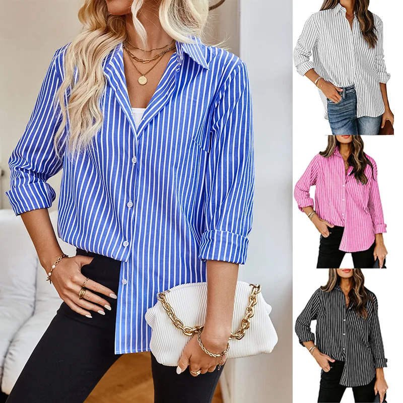 Casual Loose Striped Shirts For Women 2024 Autumn Vintage Women\'s Oversized Shirts And Blouses Fashion Elegant Youth Female Tops