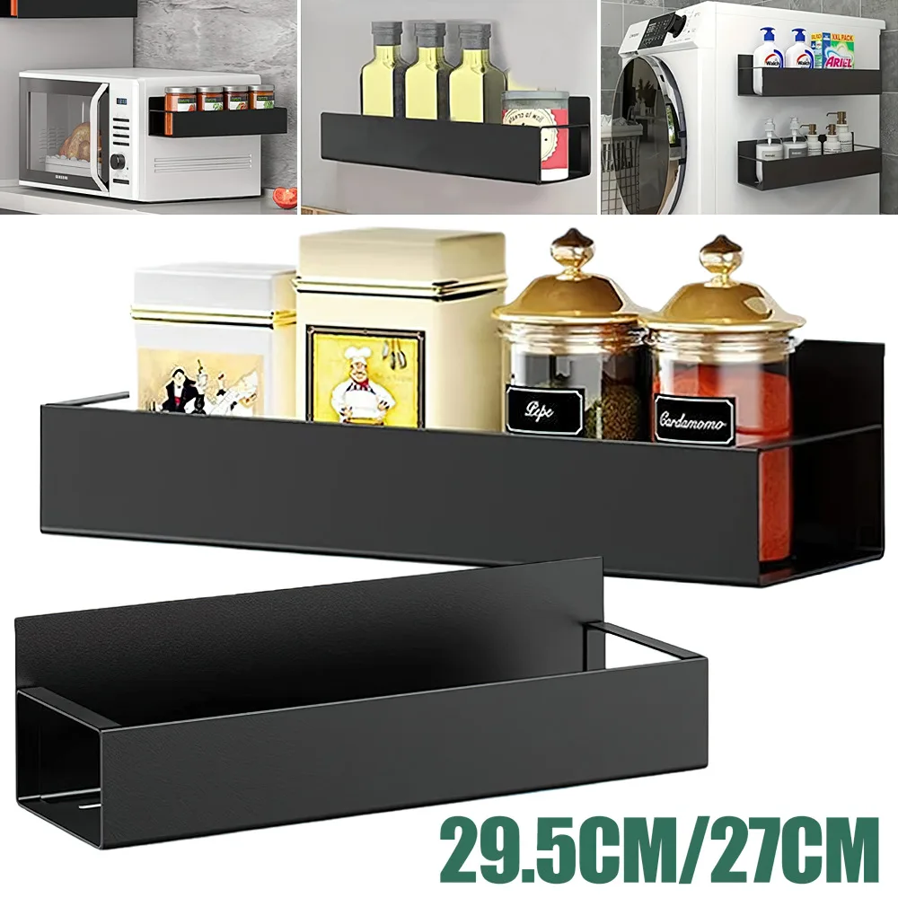 Étagère à épices magnétique, lot de 2, noire, étagère aimantée pour réfrigérateur, étagère de réfrigérateur, étagères à épices magnétiques, étagère latérale du réfrigérateur, sans perçage, auto-adhésive