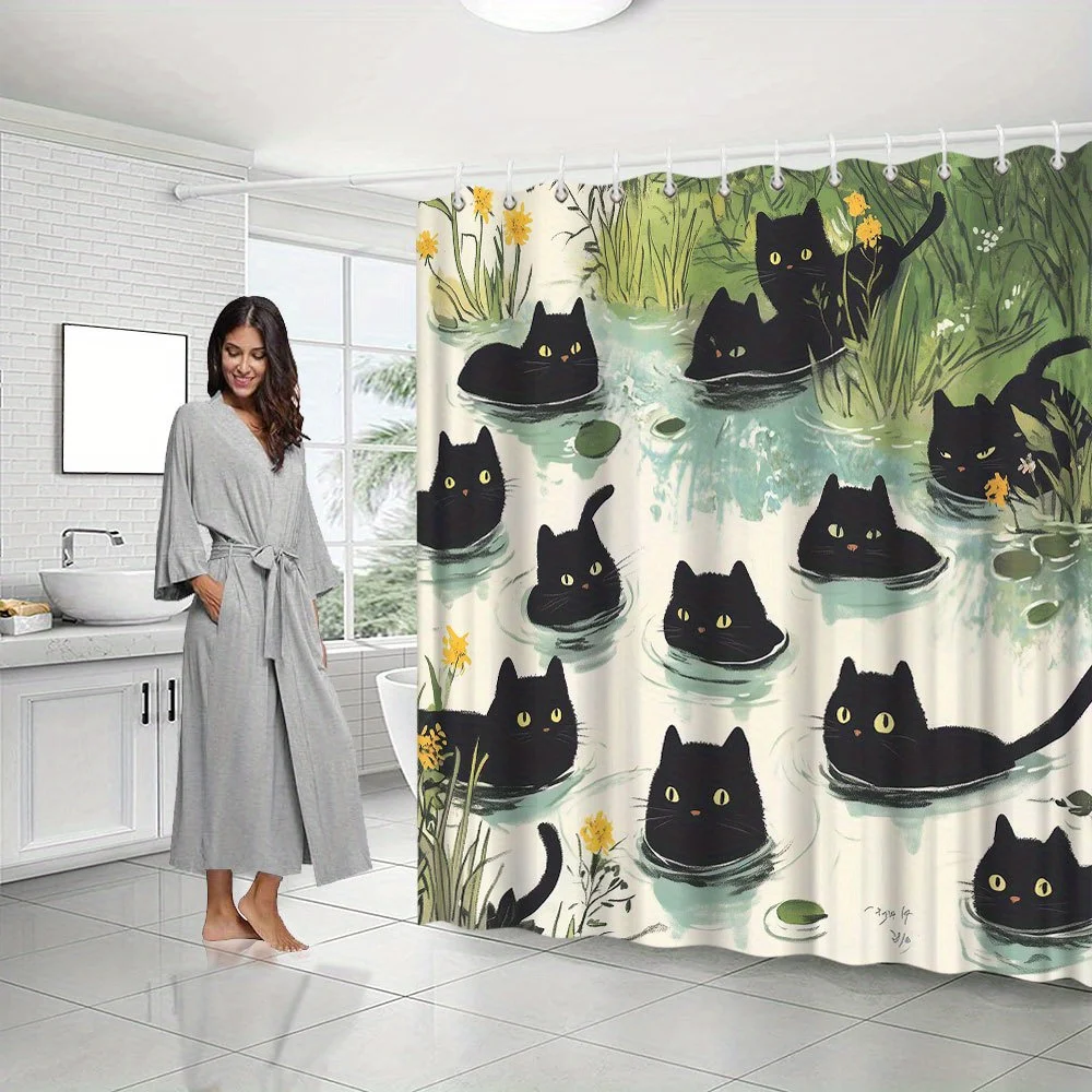 

Black Cat Pond Shower Curtain – Cute Felines Floating on Lily Pads, Nature-Inspired Art, 72x72in, Polyester, Includes Hooks