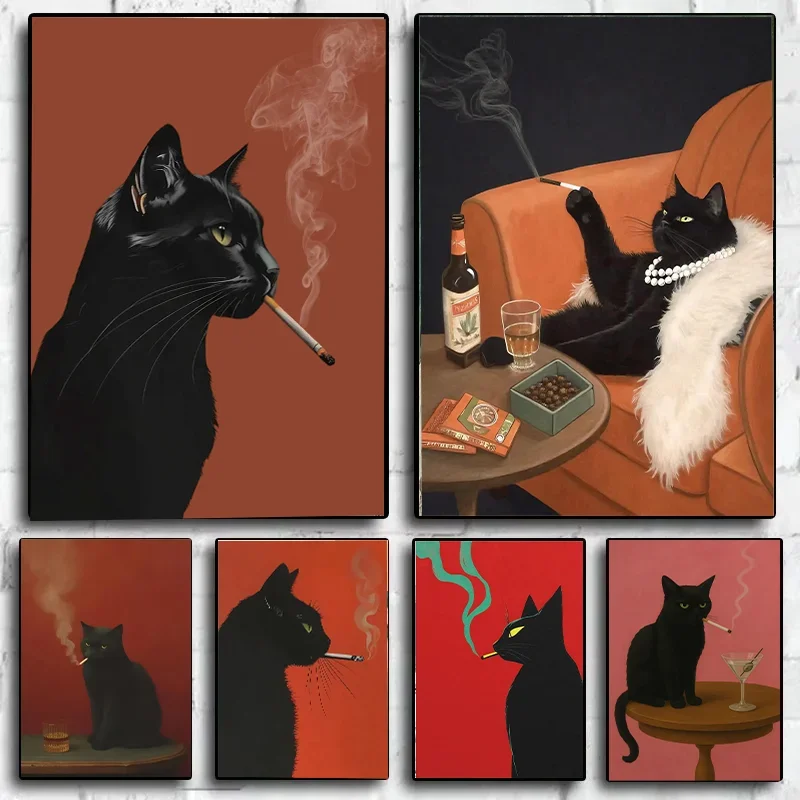 (2D Canvas Painting) Black Cat Smoking a Cigarette Vintage Poster Art Retro Whimsical Print Funny Animal Wall Decor Poster fo