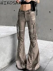 American Wash Brown Cargo Jeans Women Street Stretch Slim Pockets Patchwork Vintage Trousers Fairycore Grunge Y2k Flare Pants