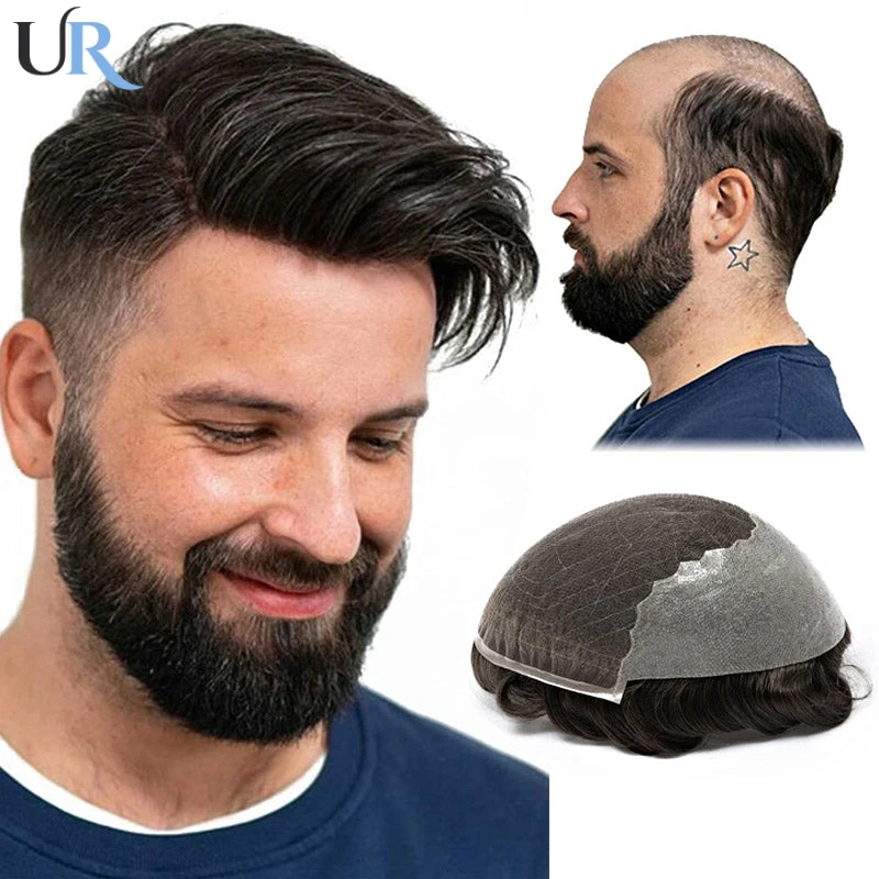 Toupee For Men Fench Lace With 0.08mm PU Base Human Hair Replacement System Unit 130% Durable Male Hair Prosthesis Men's Wigs