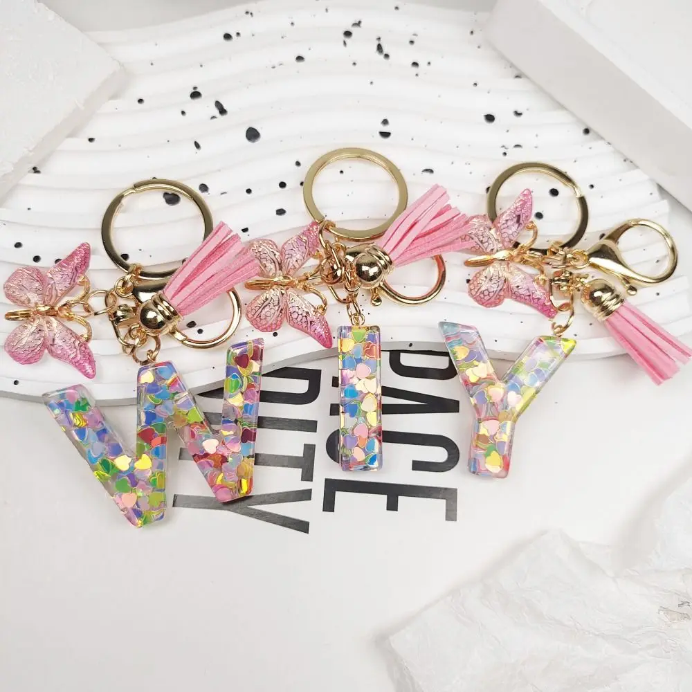 Creative Dreamy 26 Letter Keychain Sequin Alphabet Butterfly Initial Keyring Exquisite Pink Alphabet Key Chain Car Accessories