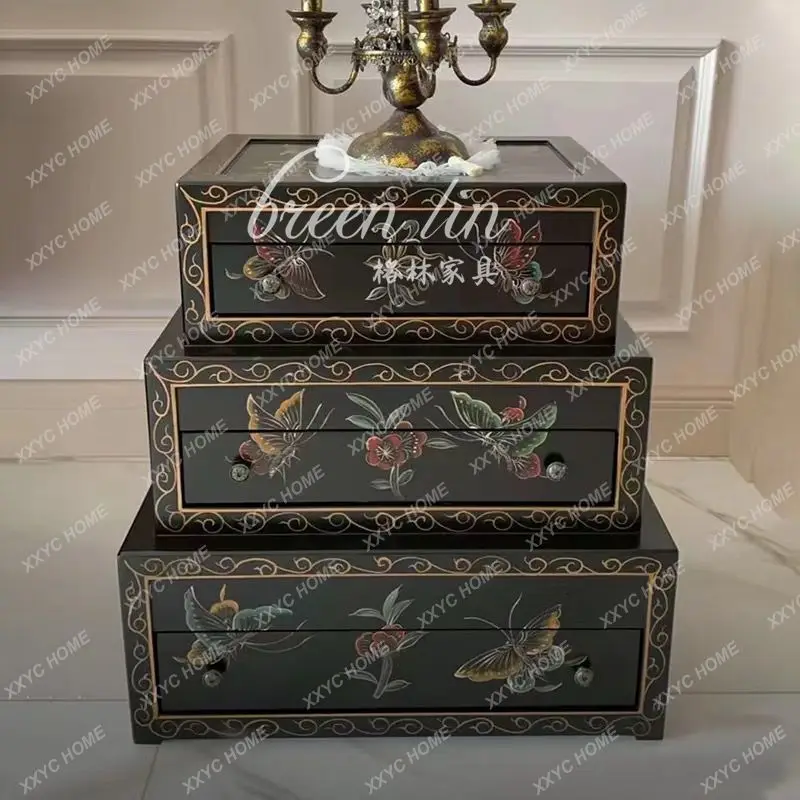 J New Chinese Solid Wood Painted Bedside Table Storage Box Sofa Side Butterfly Cabinet