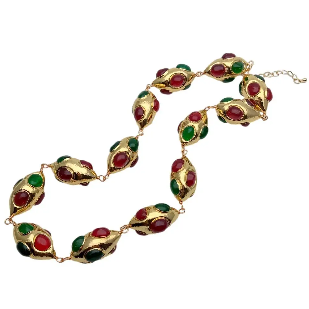 Y.YING Green Red Agate Yellow Gold Plated Olivary Shape Necklace Jewelry Gifts