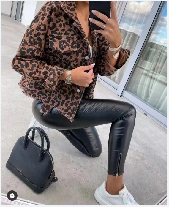 

Coat Women new 2026 leopard print loose street personality leopard pocket long sleeve denim short jacket clothing