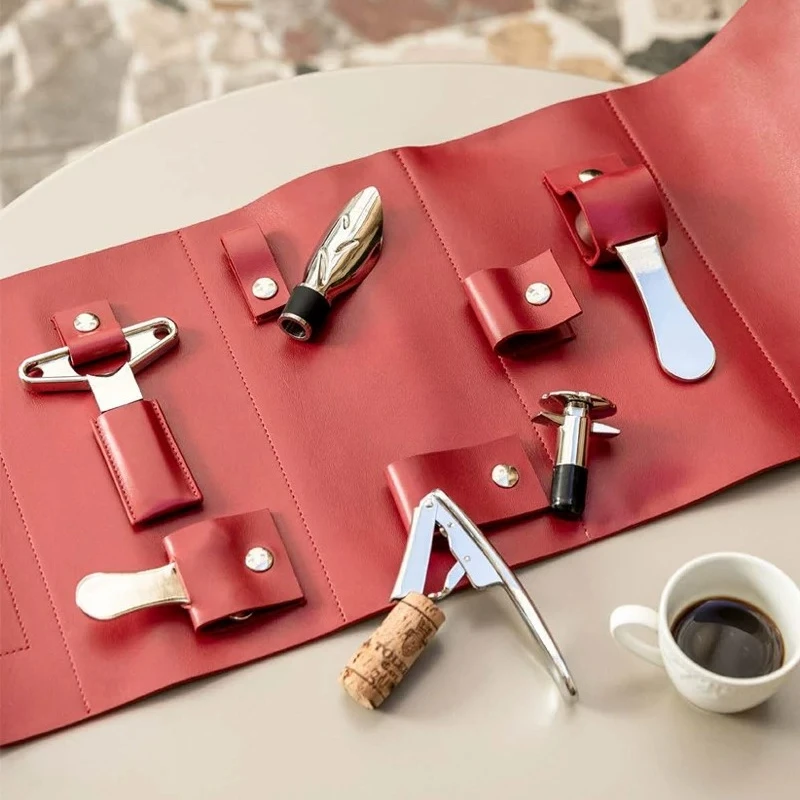 Red wine corkscrew cowhide travel size wine knife wine stopper pourer gift box