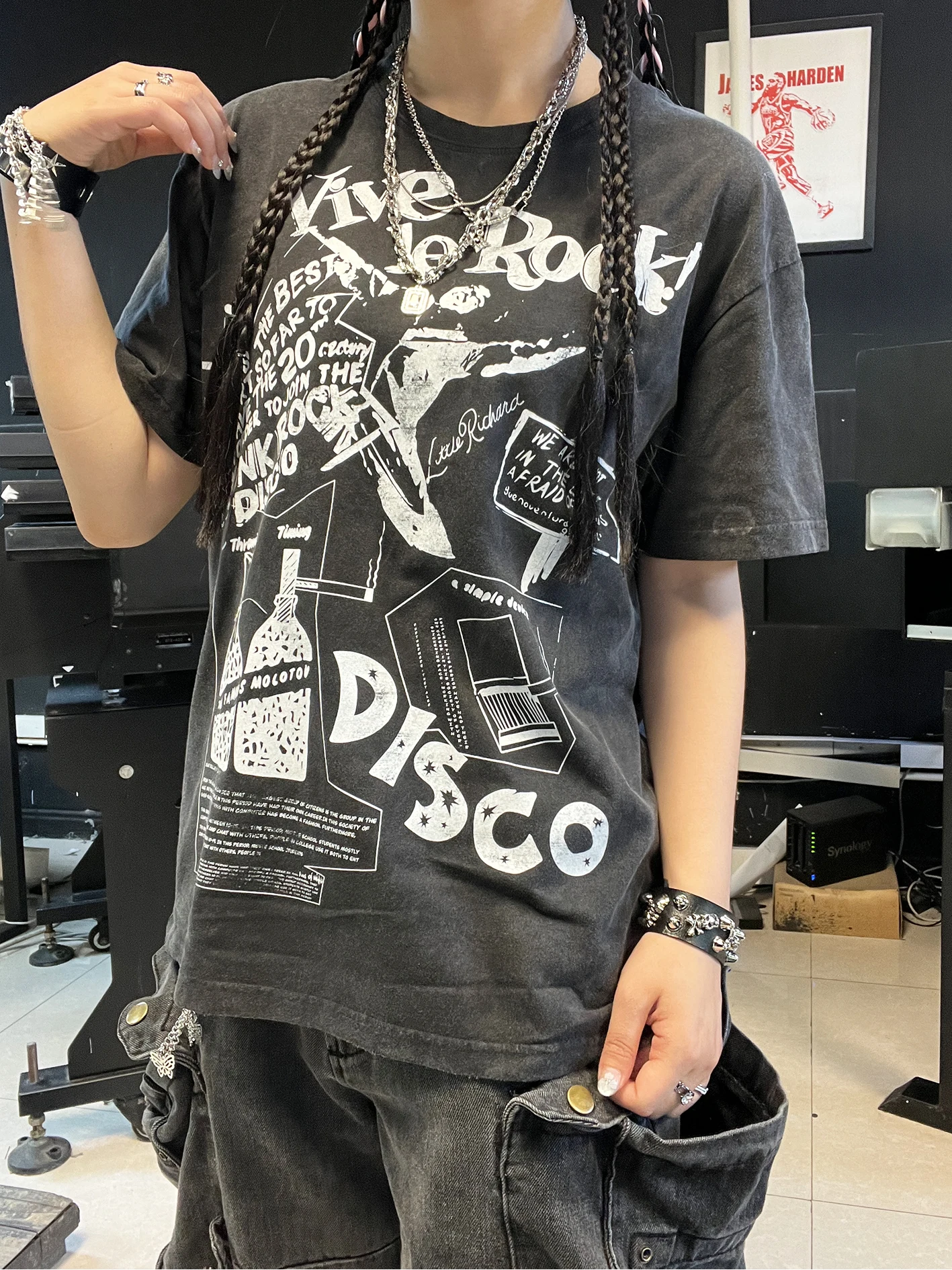 Wang Studio 180G Vintage Rock Singer Letter High-End Worn Short Sleeve T-Shirt Women's Fashion Cotton Spandex Tank Top