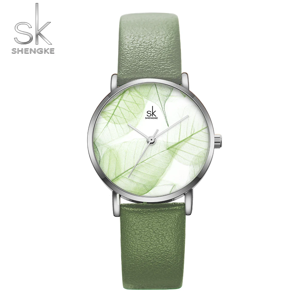 Shengke moda relógio para mulher verão folhas verdes dial relógio feminino pulseira de couro fino quartzo ultra fino caso feminino relógio