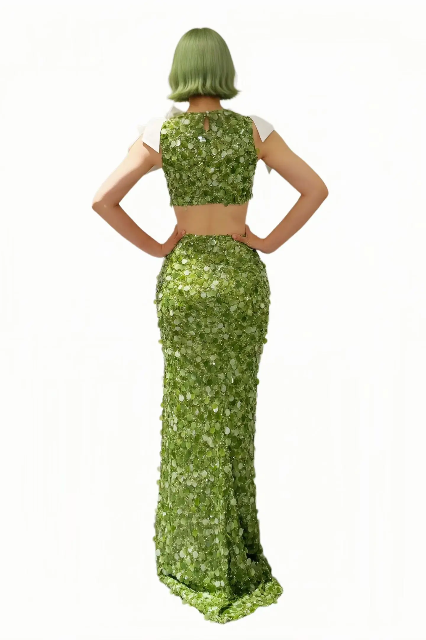 Qingwang Luxury Large Round Green Sequins Matching Two Piece Set Sleeveless Crop Top High Waist High Split Mermaid Skirt