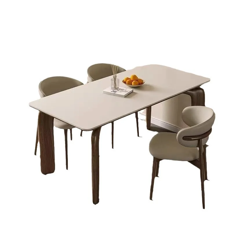 Solid wood dining table, elephant leg rectangular household walnut color, modern simple light luxury matte rock slab dining