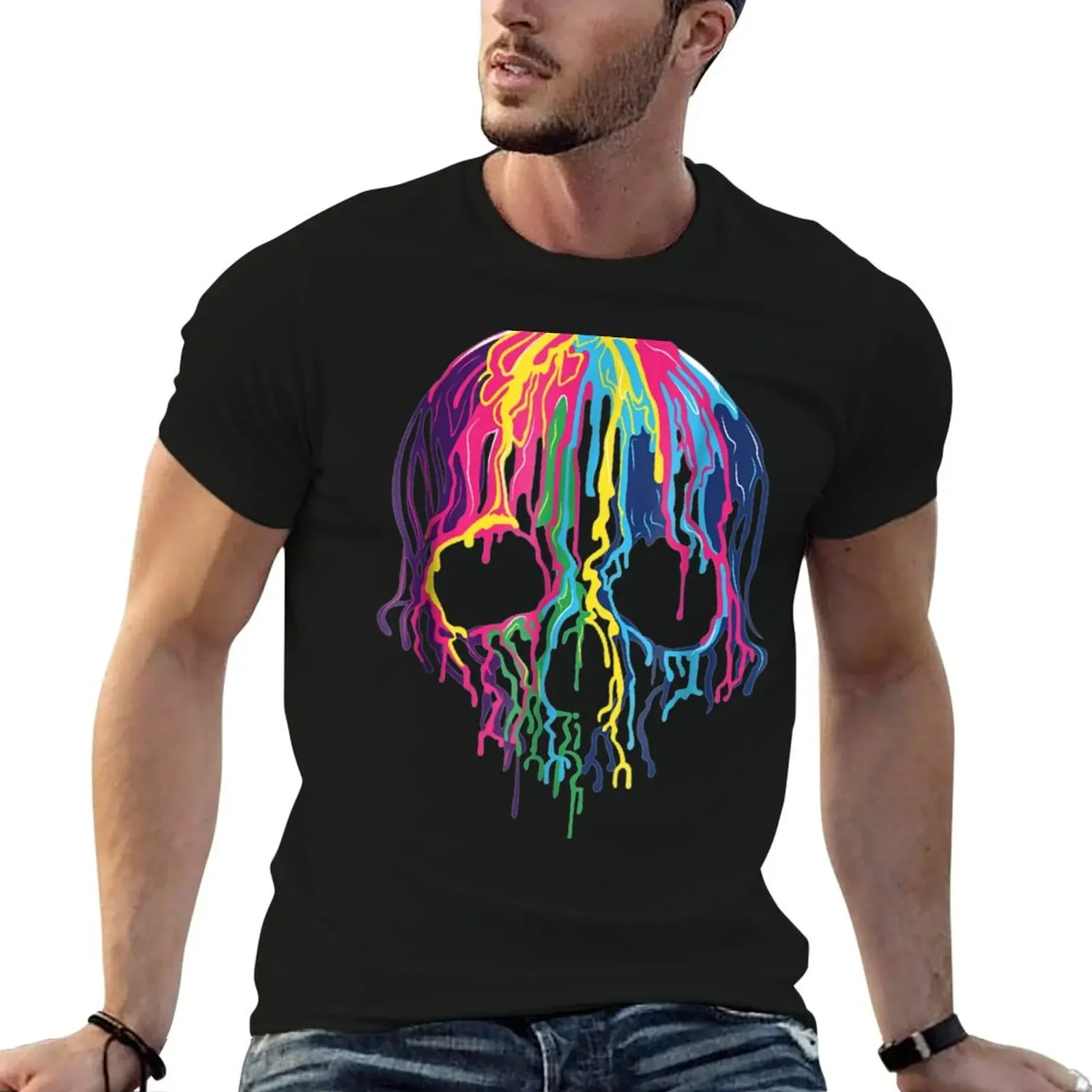 Melting Skull, Dripping Colorful Skull Graphic Tee T-Shirt oversized summer tops vintage clothes tee shirts for men