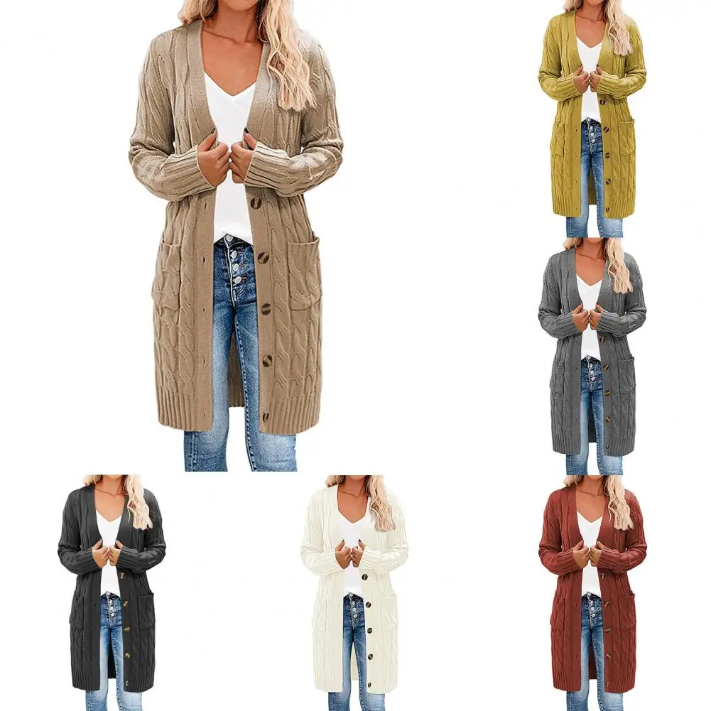 

Fashion Long Sleeves Women Knitted Cardigan Button Down Sweater Cardigan Pockets Knee-Length Sweater Coat for Holiday