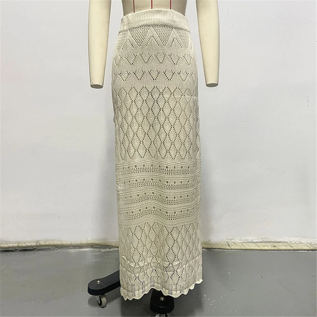 S - XL Ausgeschnittener, hoch geschnittener, gehäkelter Strickrock, Strand-Cover-up, Strandkleid, Strandmode, Damen-Badebekleidung V6810 – Detail 3