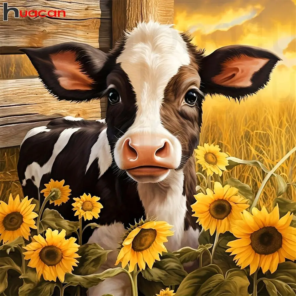 Huacan Full Square Round Diamond Art Painting Cow Sunflower Embroidery Mosaic Animal Home Decor