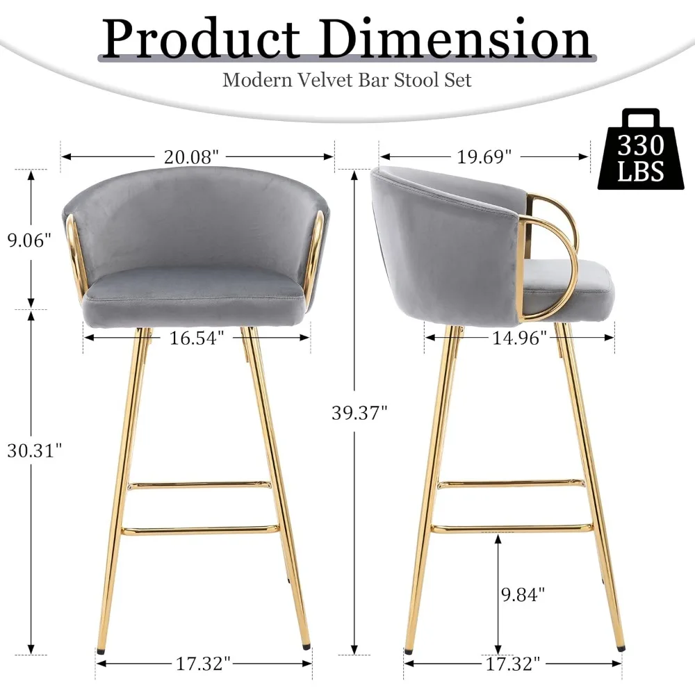 Velvet Bar Stools,Upholstered Kitchen Island Stools with Gold Legs,Modern Counter Height Bar Stools for Dinning RoomCafeHome Bar