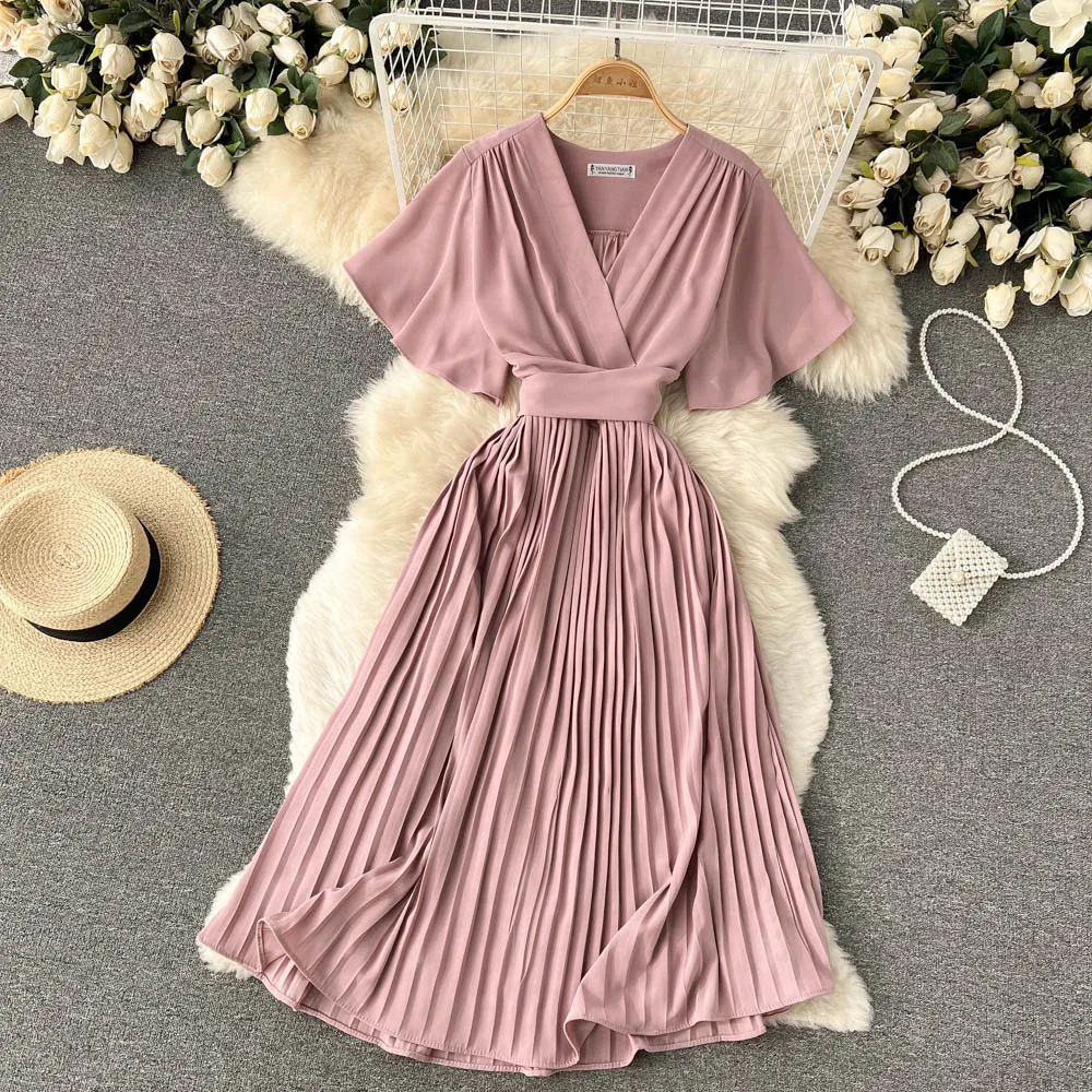 Vestido Midi Slim Fit com Decote em V Longo, Cor Pura, Estilo de Férias, Saia Psada, Vestido em A, Moda Fena Verão 202...