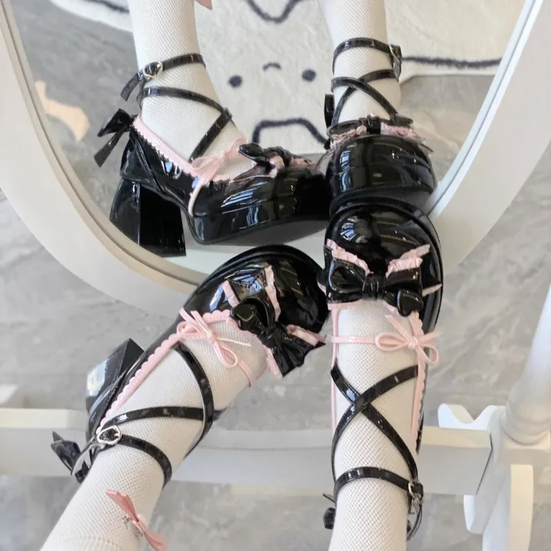 Women Platform Lolita Shoes Bow Mary Janes Shoe Party Banquet Shoe Lace Sweet Princess Style Leather Shoes College Style Pumps