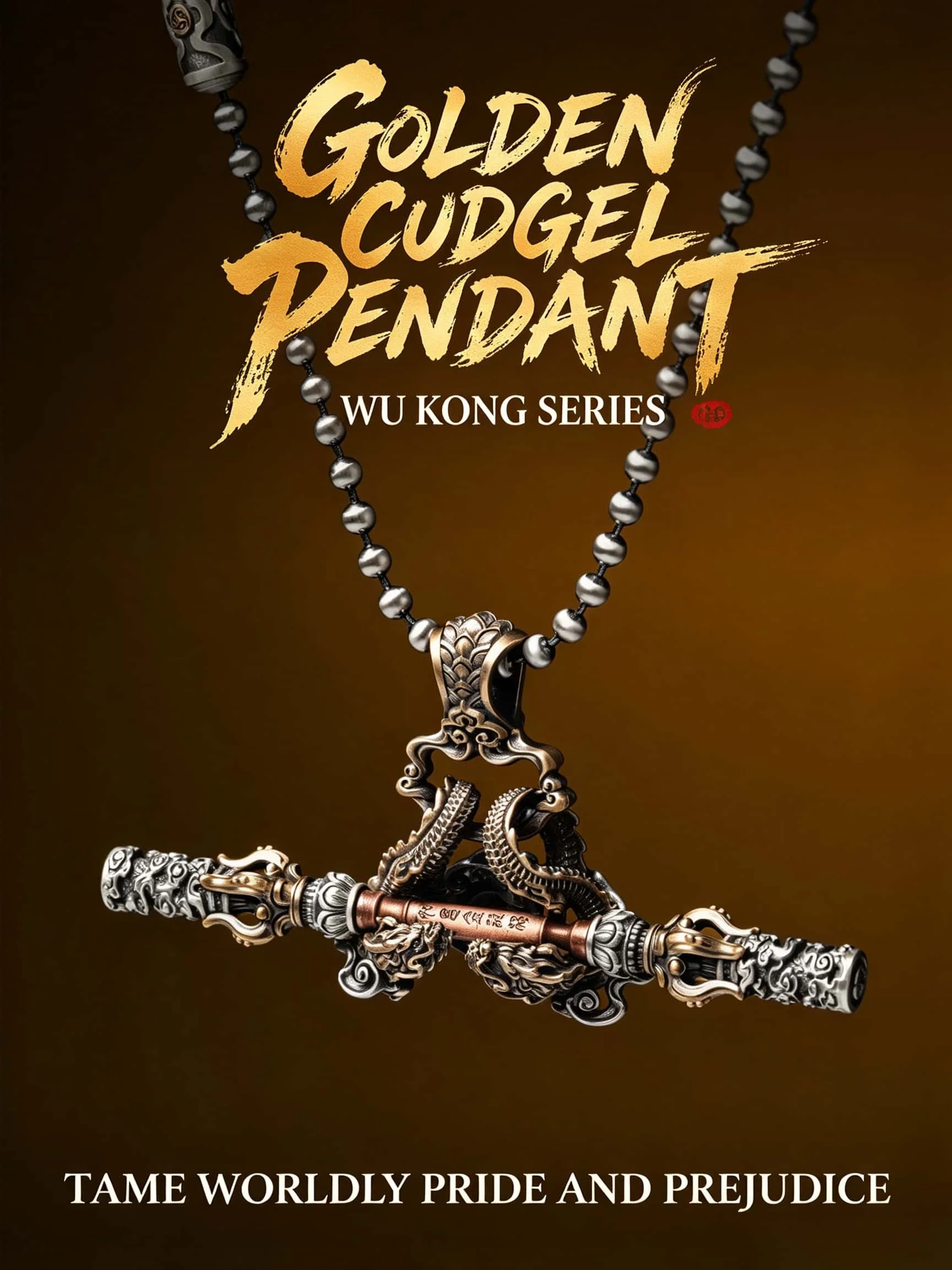 Adult Collectible Wu Kong Golden Cudgel Pendant, Handmade Metal Monkey King Amulet Necklace, Chinese Mythical Jewelry Decor