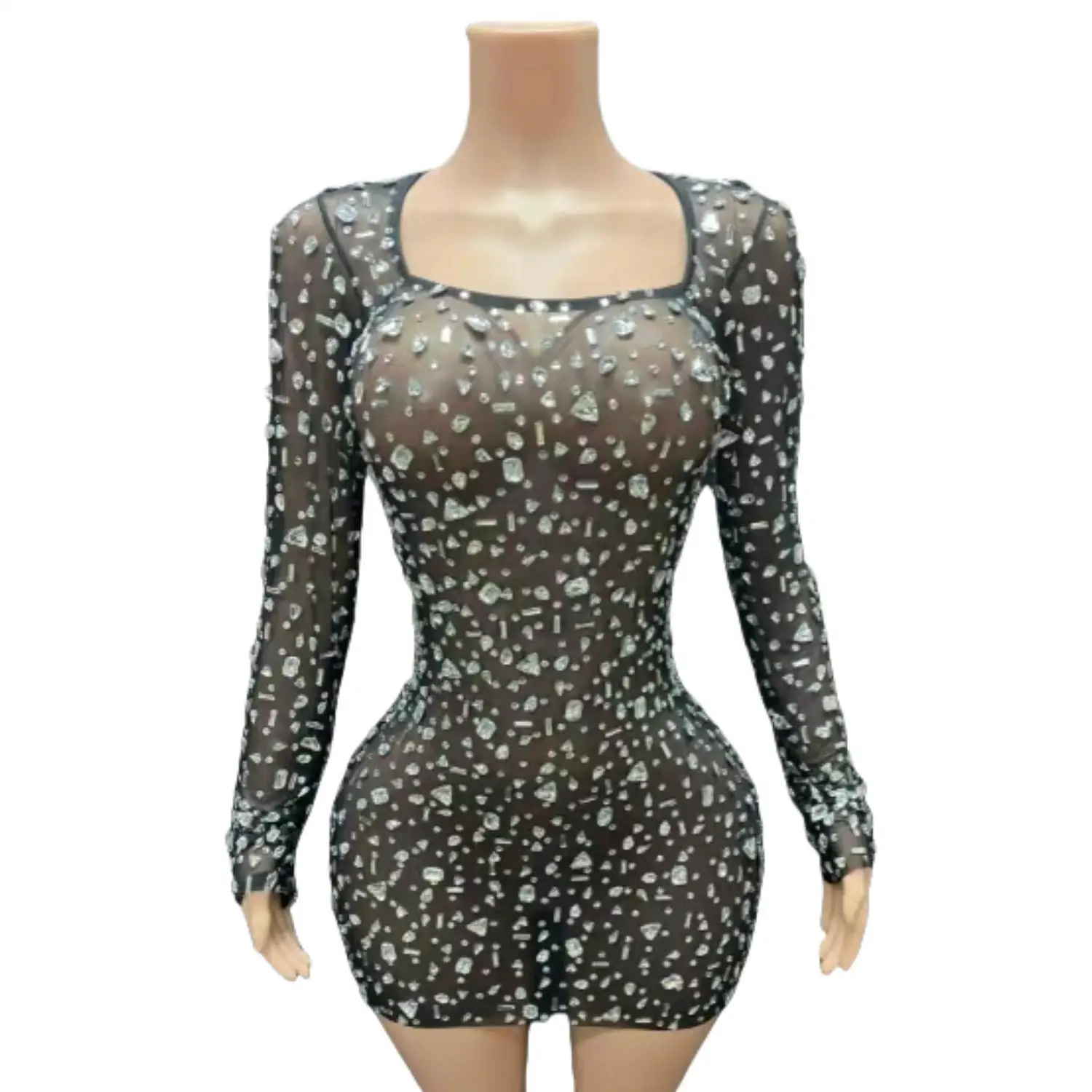 

Sparkly Rhinestone Mini Skirt Dresses for Women Transparent Performance Birthday Prom Evening Dress Sexy Stage Dance Dress Rouhe