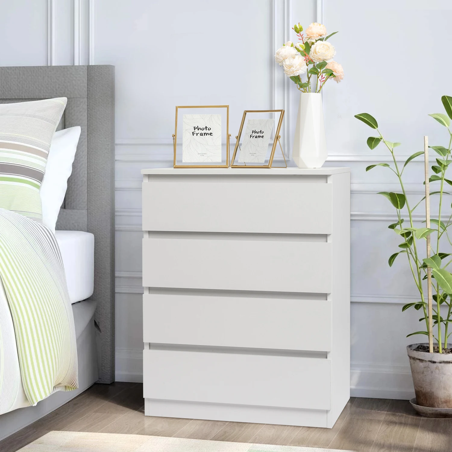 Contemporary White Four-Drawer Dresser with Sleek Design and Ample Storage Space