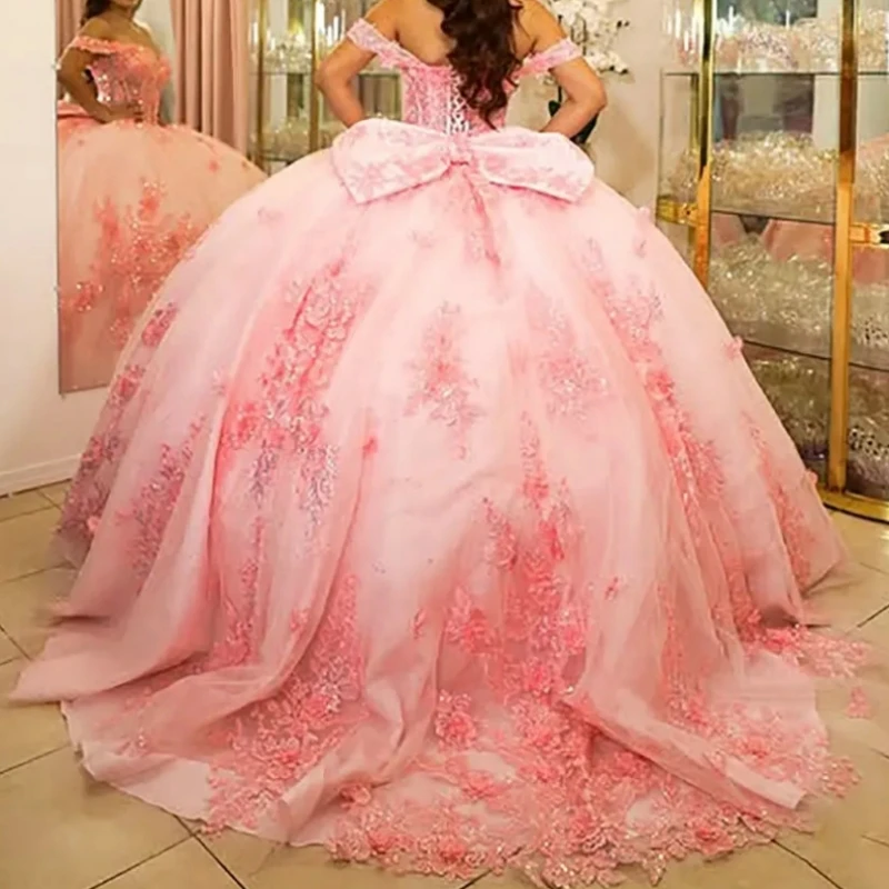 

A1324 Elegant Mexican 15 Quinceanera Dresses Off Shoulder Flower Applique Lace Up Ball Gown Prom Birthay Party PageantCustomized