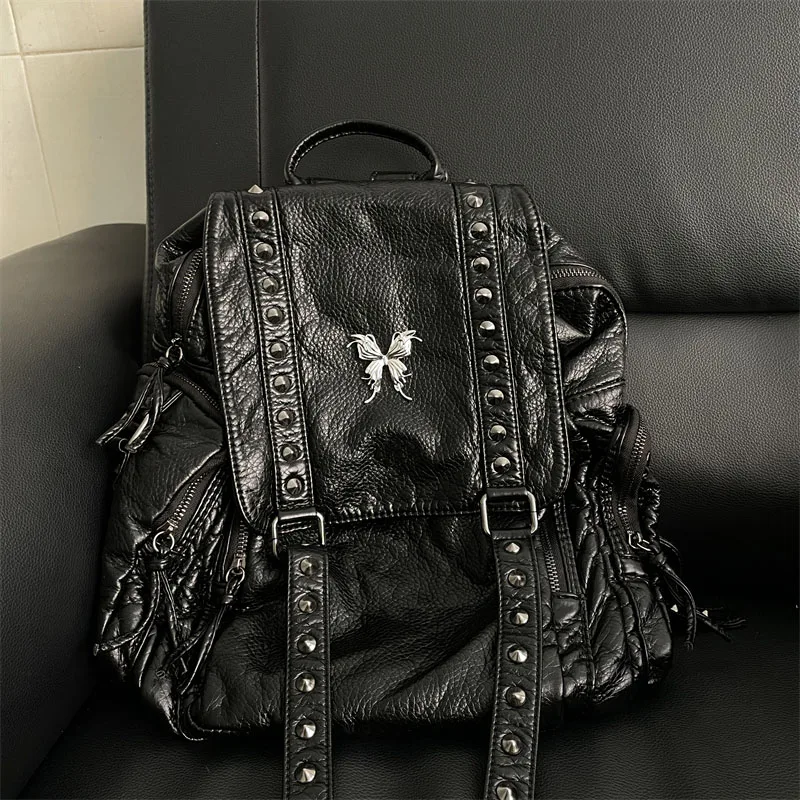 MBTI Y2k Black Womens Backpack Vintage Fashion Gothic Soft Pu Leather School Backpack Large Capacity Men Casual Original Bag Sac