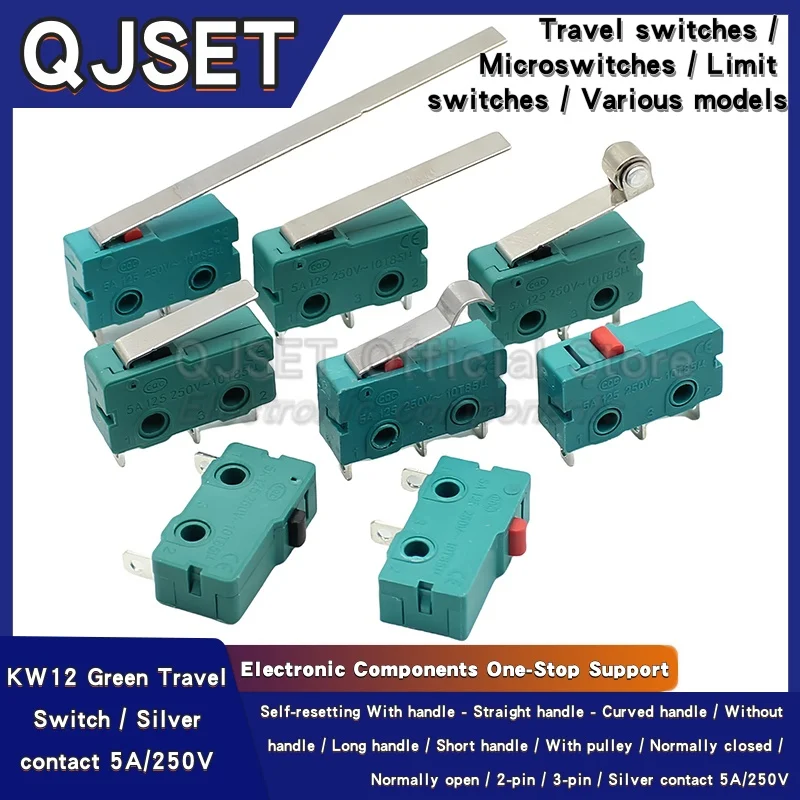 5pcs Silver Contacts 5A 250V Microswitch KW12 Green Travel Limit Switch 2Pin/3Pin KW11-3Z-2 Straight/Curved Handle/Roller