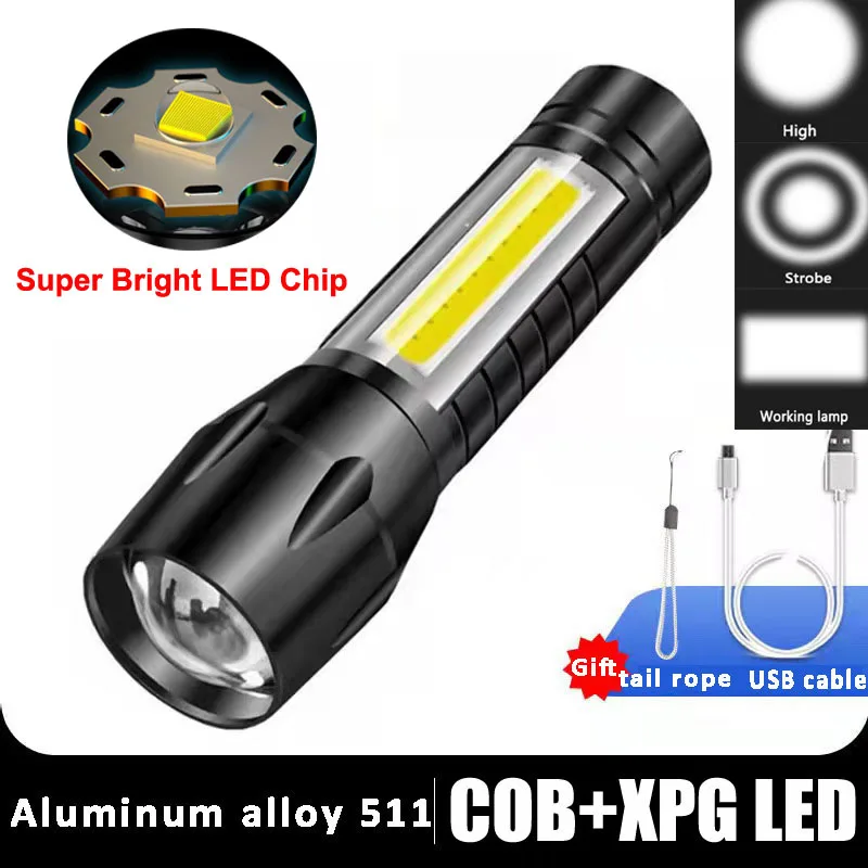 Mini LED Flashlight COB XPE USB Rechargeable Batteries Torch Lamp With Magnet Camping Lantern 3 Modes For Outdoor Lighting