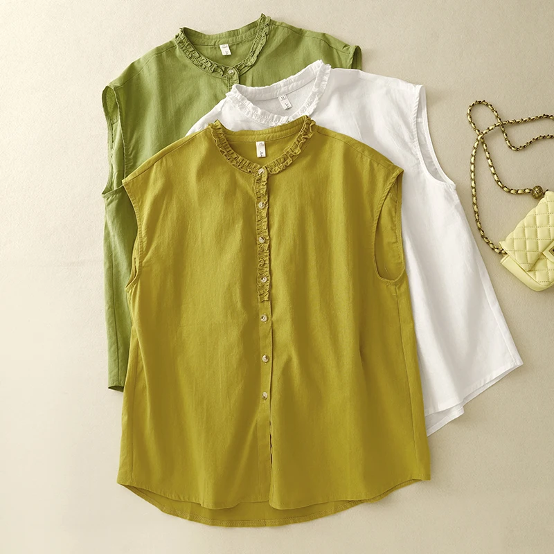 

Artistic Green Cotton round Neck Shirt Women's New Summer Style Loose Fit No Sleeve Pure Color Button up Top Female Fashion