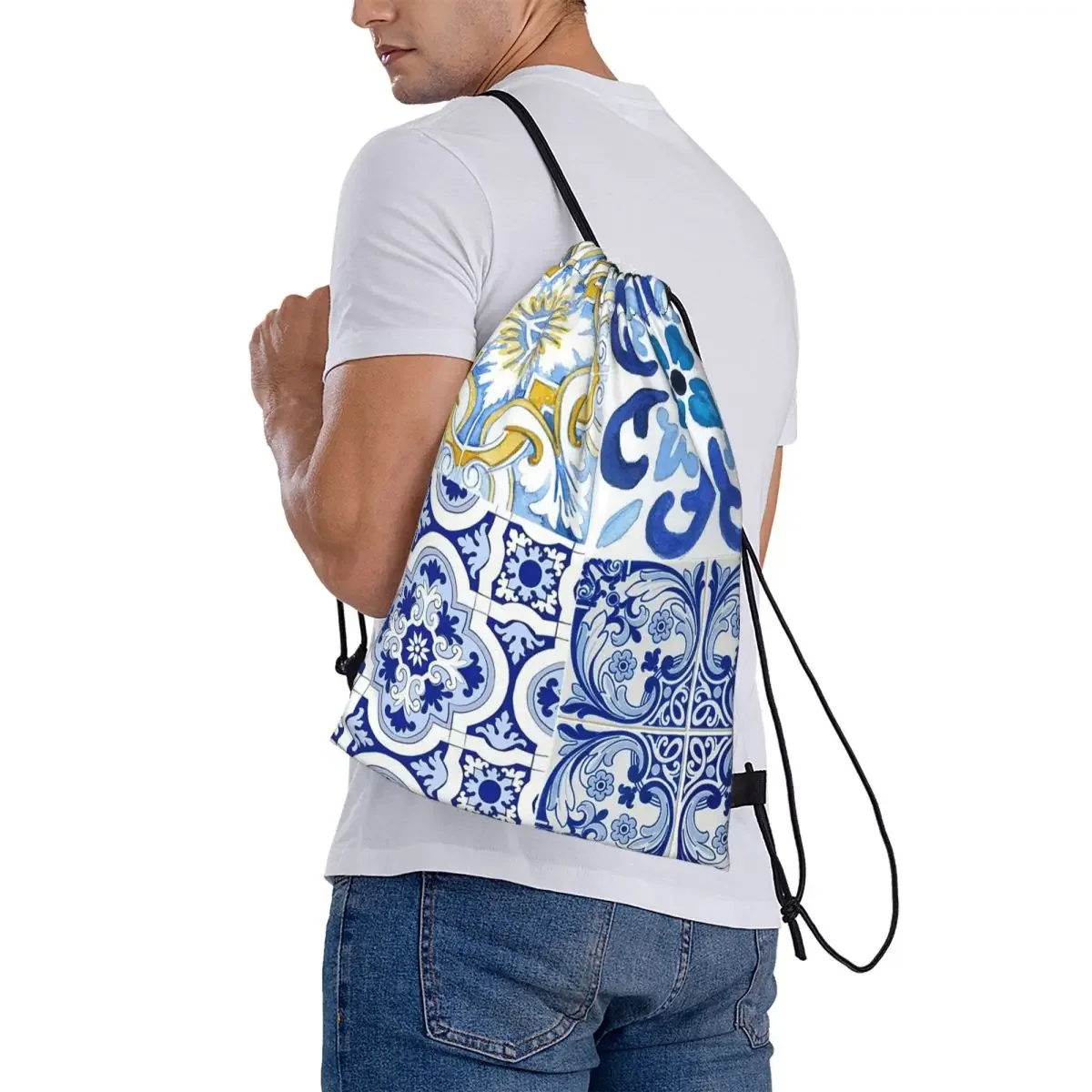 Sicilian Tiles,mediterranean,mosaic,lemons Backpacks Multi-function Drawstring Bags Sundries Bag Book Bags for Travel Students