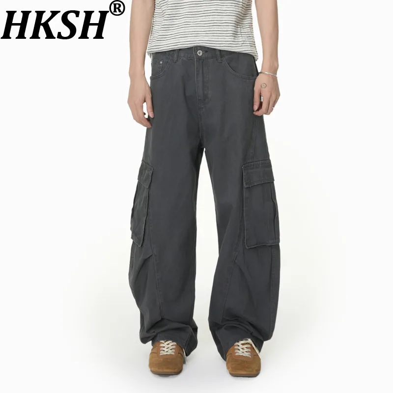 

HKSH Весенне-летние мужские брюки в корейском уличном стиле с пэчворком и карманами, однотонные, широкие, свободного кроя, из хлопка, HK21696