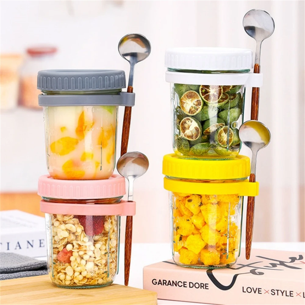 1 مجموعة كوب 350 مللي بين عشية وضحاها كوب الشوفان الزجاج مع غطاء وملعقة ختم الغذاء الإفطار كوب المحمولة الحبوب الحليب سلطة كوب زبادي المطبخ