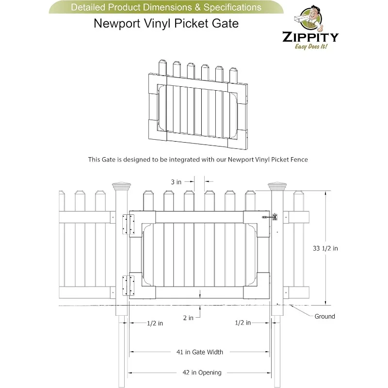 ZP19004 Brama Picket niezmontowana, 33-1/2" wys. x 42" szer. Biała