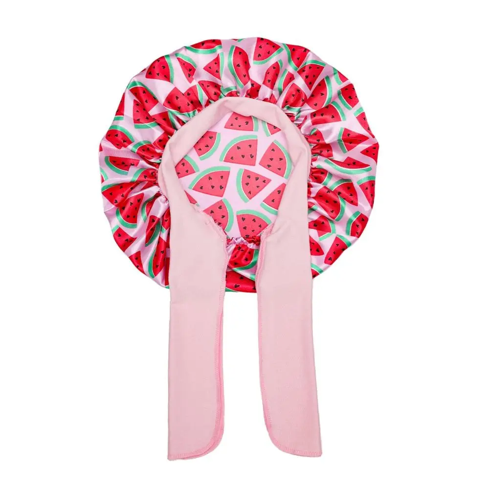 Tie Band Satin Bonnet Wide Band Adjustable Elastic Hair Protection Bonnet Frizz Reduction Printed Design Children Hair Bonnet