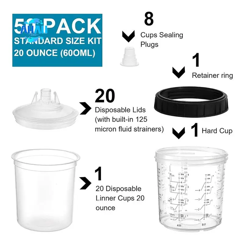 

AUAU-распылитель краски, вкладыши для чашек и система крышек для автомобильного песочного пистолета, комплект из 20 чашек для краски, 20 унций (600 мл)