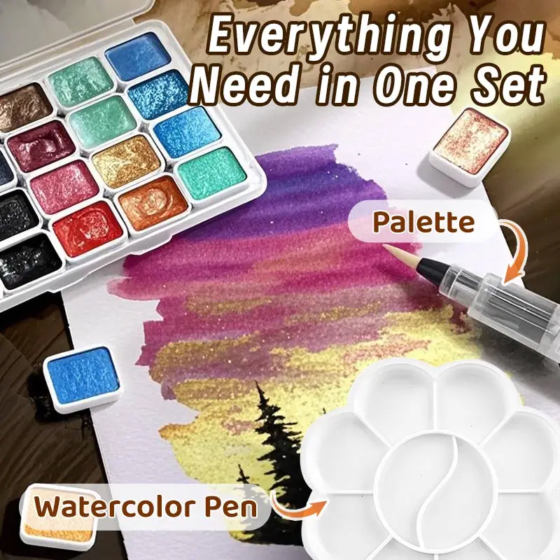 22/62/74pcs Pearl Metallic Watercolor Paints Set with Brush and Palette for Painting, Writing, DIY for Artists, Adults, Birthday