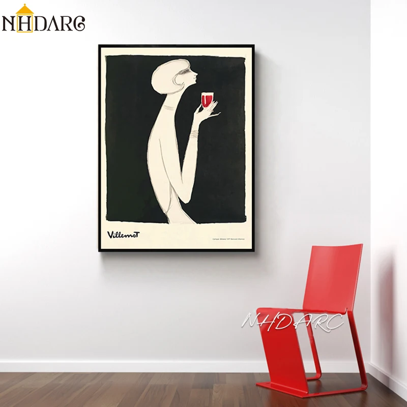 Modern Fashion Style Canvas Print Black White Women Red Wine Porch Ornament Nordic Retro Wall Picture Art Living Room Home Decor