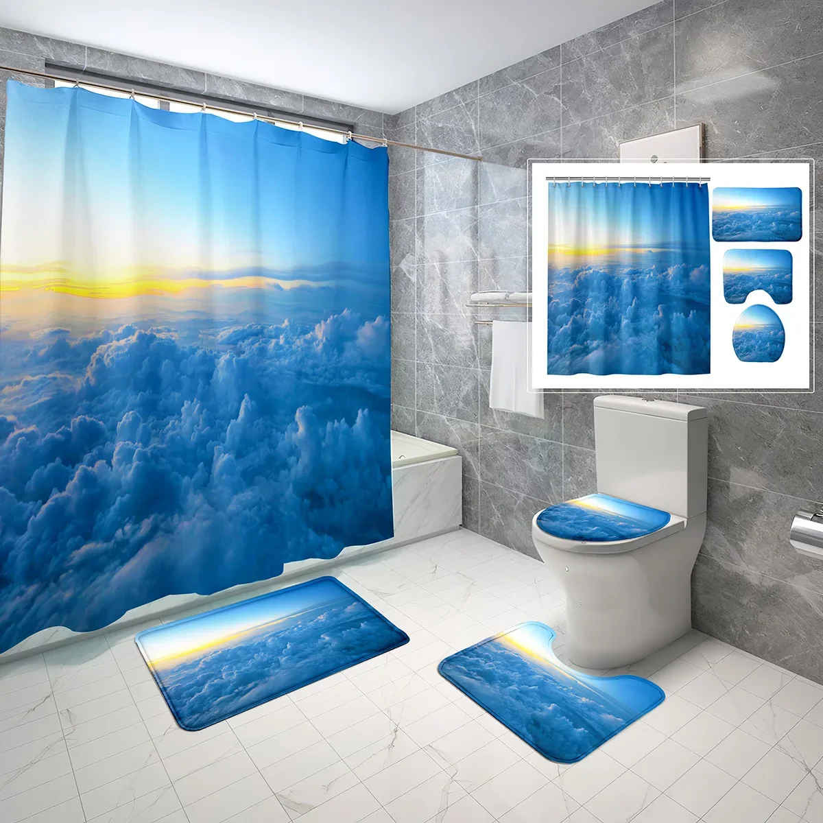 4 Piece Cloud Shower Curtain Sets Simple Blue Sky Clouds with Non-Slip Rugs Toilet Lid Cover and Waterproof Shower Curtain Set