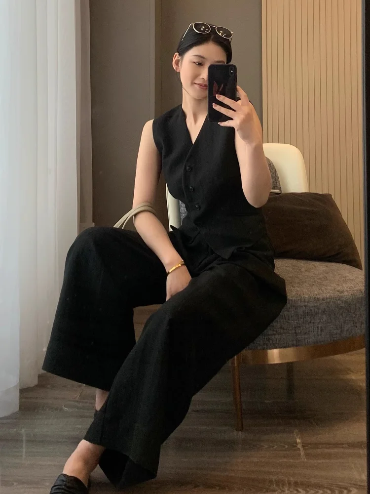 Casual Solid Color Blouse Pants Women V-neck Sleeveless Single Breasted Lace Up Tops Wide Leg Trousers 2025 New Street Outfits